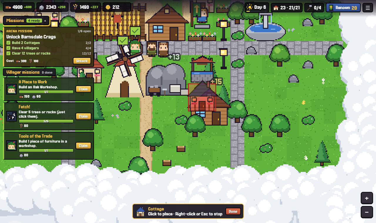 Placing a cottage: a ghost preview turns red where the plot is blocked