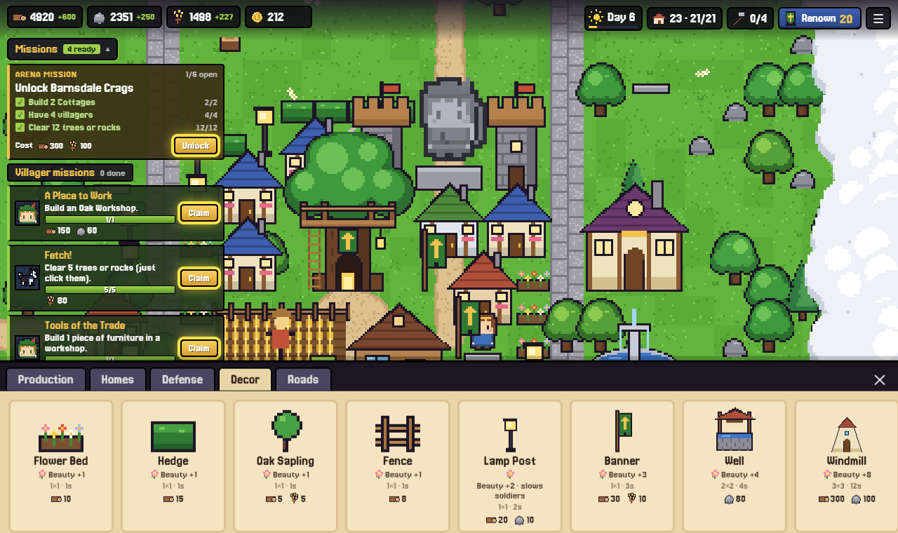 Decor build menu with flower bed, hedge, sapling, fence, lamp post, banner, well and windmill