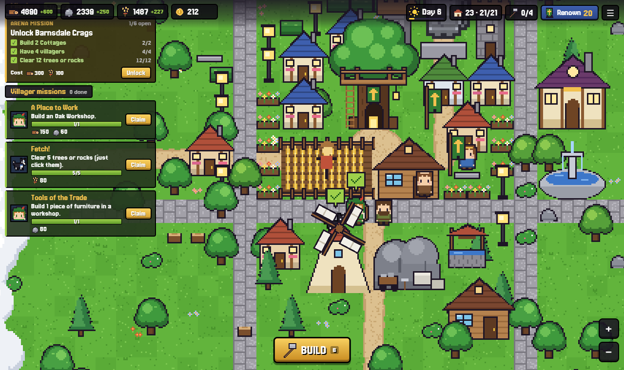 Mission list with progress bars and Claim buttons, and check marks above Robin and Pip