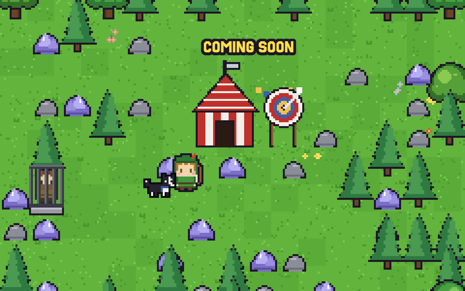 A red and white striped tournament tent beside an archery target with an arrow in the bullseye